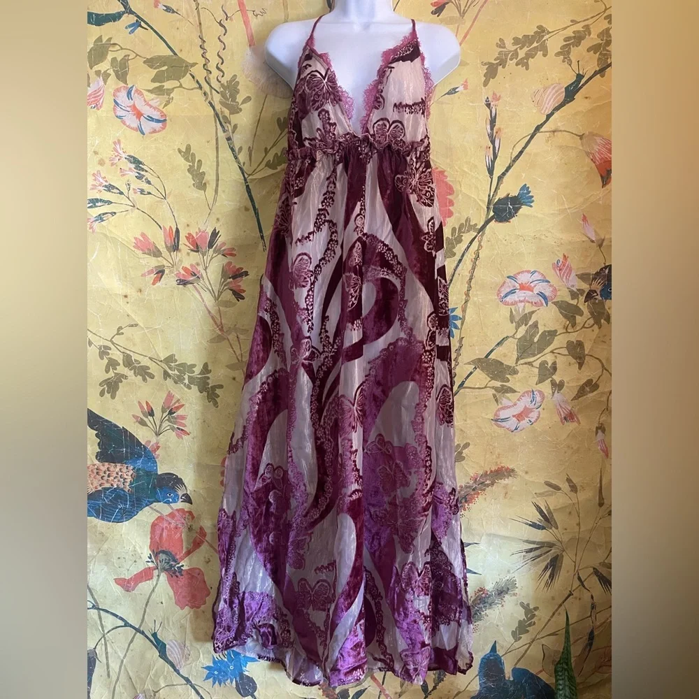 Free People Bali Butterfly Burnout Velvet Lace Trims Slip Maxi Dress